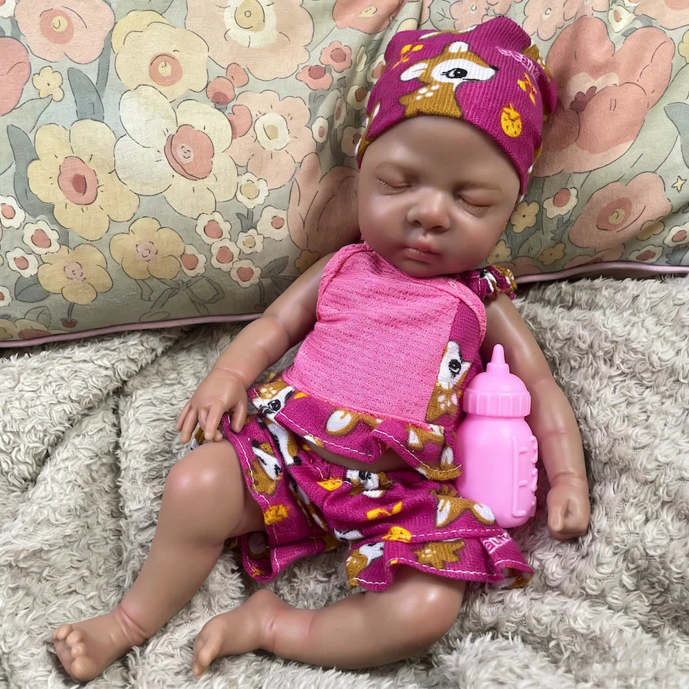 13 Inch Dark Skin Silicone Reborn Baby Doll Luna African American Girl Full Solid Silicone Washable Doll Toy Christmas Gift