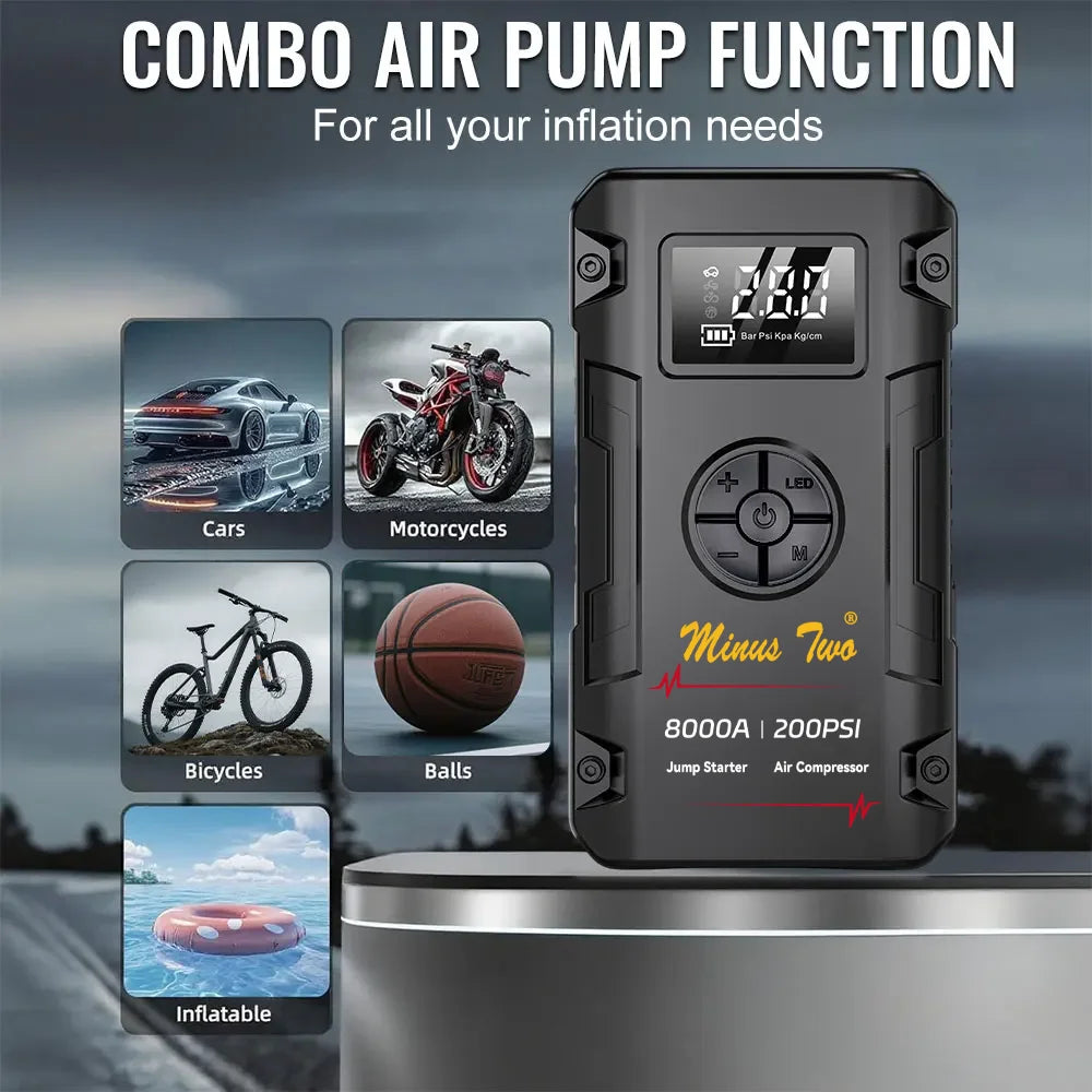 Portable 8000A Jump Starter 200PSI Air Pump Power Bank 4 In 1 Air Compressor Cars Battery Starters Starting Auto Tyre Inflator