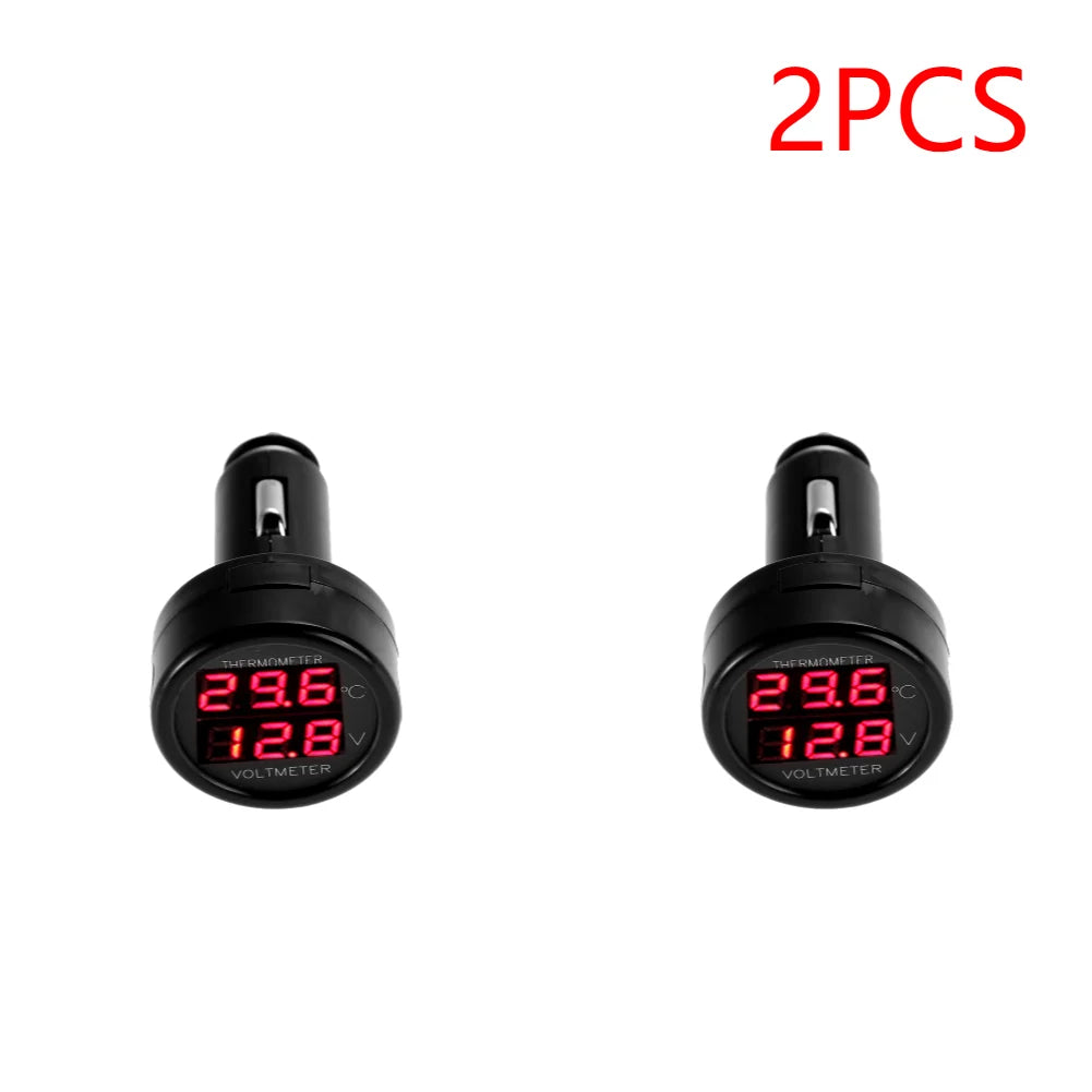 2 IN 1 12V 24V Car Voltmeter Thermometer Cigarette Lighter Car Battery Monitor LED Digital Dual Display For Cars Trucks RVs Boat