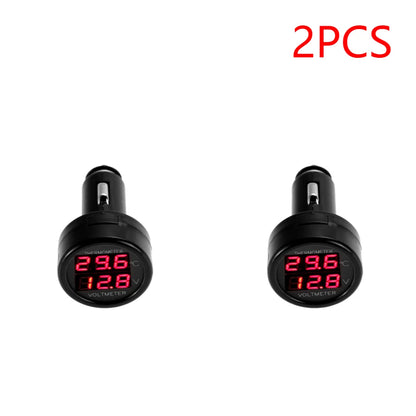 2 IN 1 12V 24V Car Voltmeter Thermometer Cigarette Lighter Car Battery Monitor LED Digital Dual Display For Cars Trucks RVs Boat