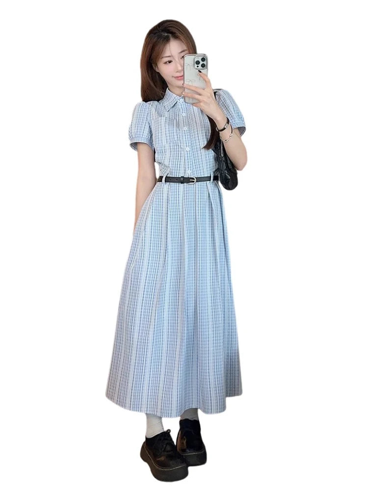 Gentle Wind Beautiful Blue Shirt Dress Women's Summer High-End Waist-Cinching Student Long Skirt Elegant Short Sleeve Knitted...