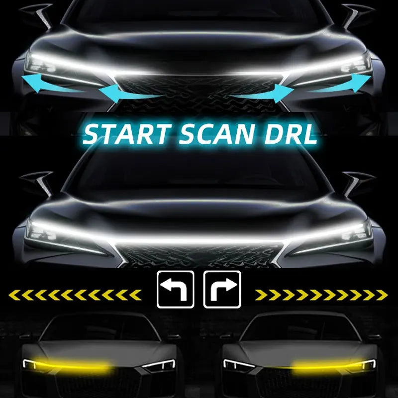 12V Car Daytime Running Light DRL With Turn Signal Lamp New LED Car Hood Decorative Light Strip Start Scan Dynamic Ambient Light