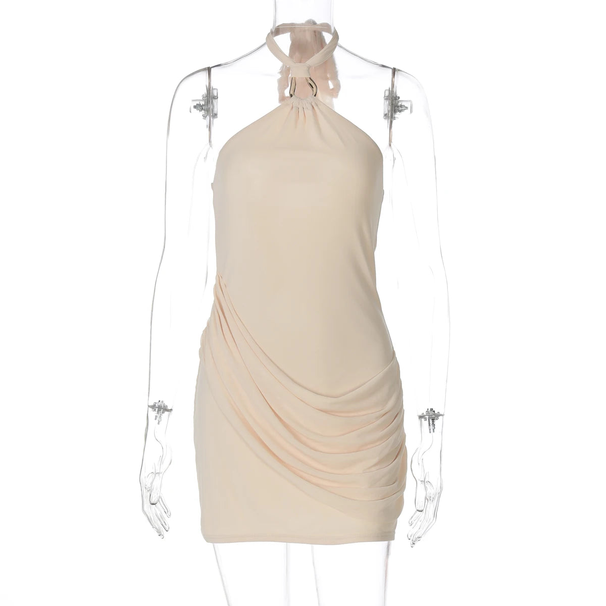Hugcitar Halter Solid Sleeveless Backless Lace Up Ruched Sexy Bodycon Mini Dress Summer Women Clothes Party Festival Outfit