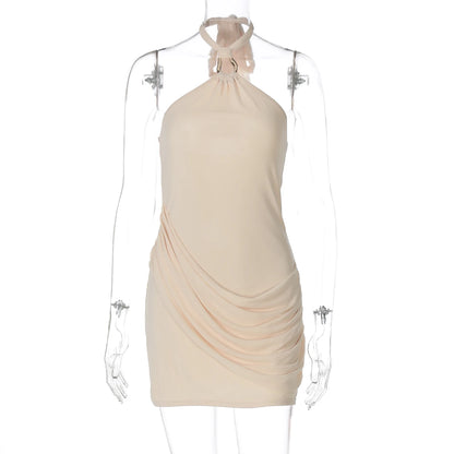 Hugcitar Halter Solid Sleeveless Backless Lace Up Ruched Sexy Bodycon Mini Dress Summer Women Clothes Party Festival Outfit