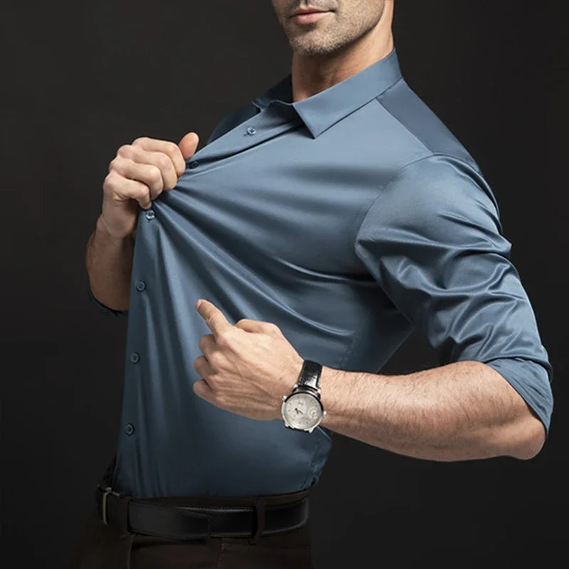 Men's long sleeved wrinkle resistant business suit high-end suit solid color shirt with silky non ironing shirt