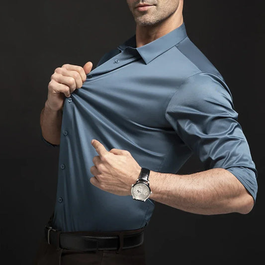 Men's long sleeved wrinkle resistant business suit high-end suit solid color shirt with silky non ironing shirt