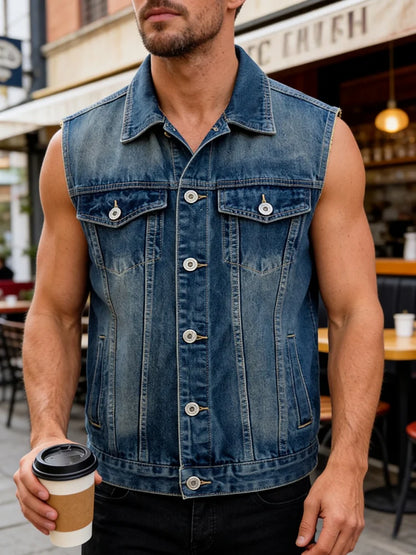 New Men's Retro Washed Denim Vest Lapel Single-Breasted Sleeveless Jacket Vintage Casual Streetwear Top for Men
