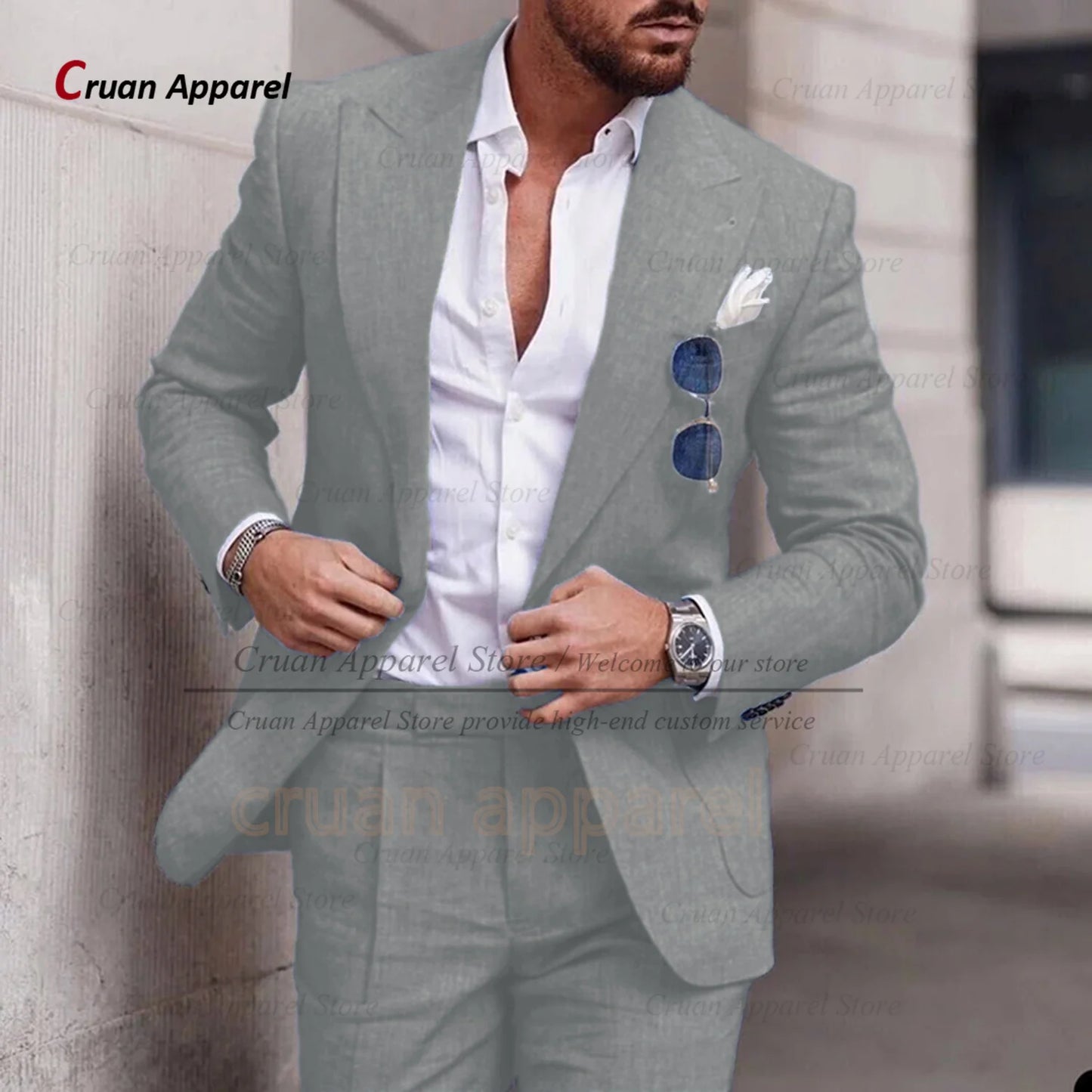 Fashion Sky Blue Linen Suit Set For Male Casual Party Fashion Blazer Pants 2Pieces Wedding Groomsman Formal Peaked Lapel Outfits