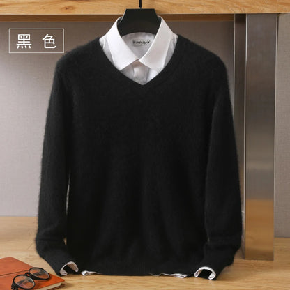 100% Pure Mink Cashmere Sweater Men's V-Neck Pullovers Knit Large Size Mink Sweater Winter New Long Sleeve High-End Jumpers Tops