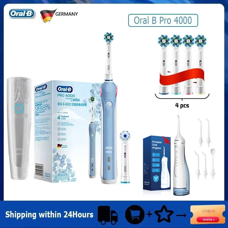 Oral B Electric Toothbrush Pro 4000 3D Action Daily Clean Teeth Visible Pressure Sensor 4 Modes Gum Cares Waterproof Rechargeabl
