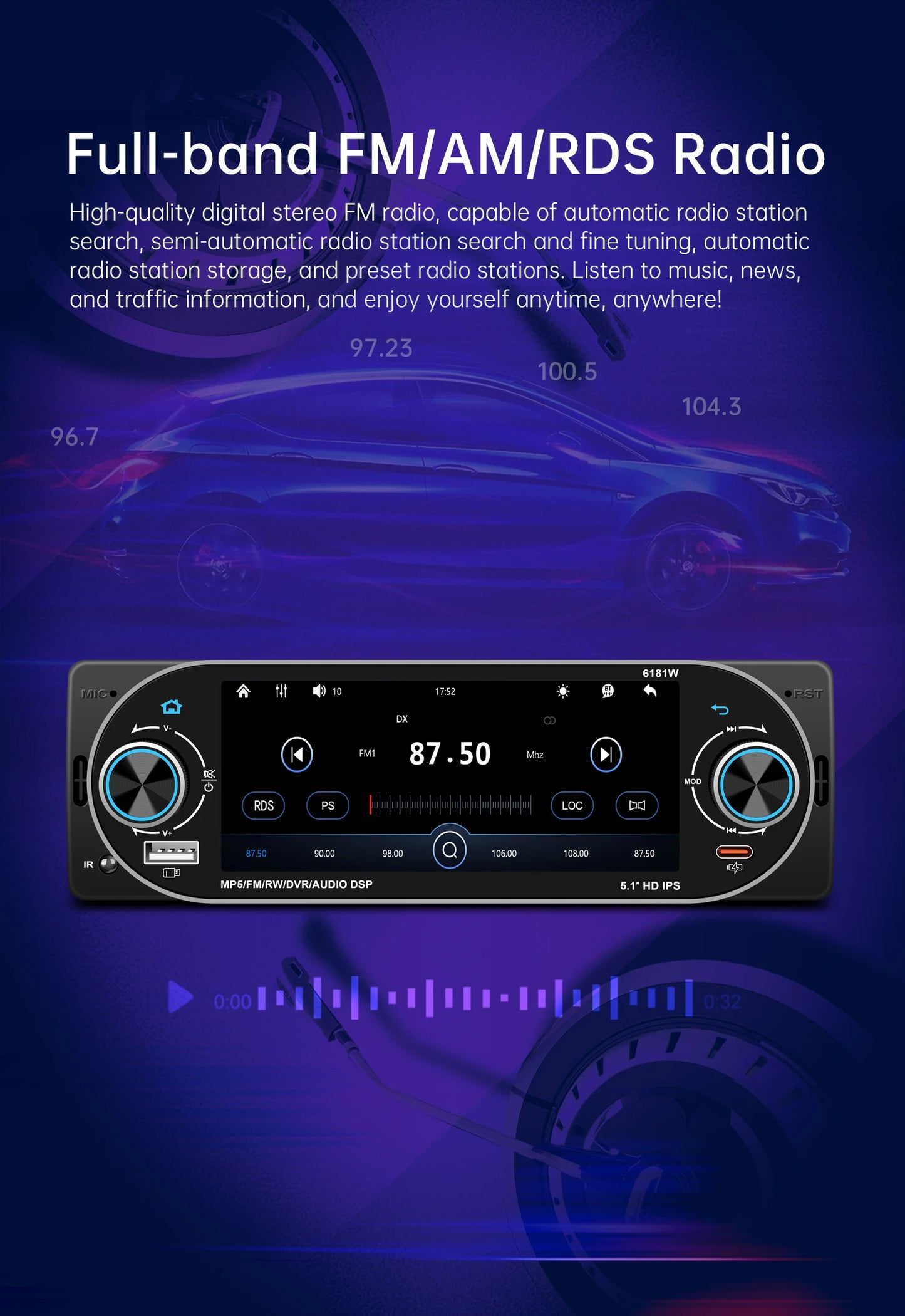5.1Inch 1Din Car Radio MP5 IPS HD Player Support Wireless Carplay Android Auto Bluetooth FM AM RDS Stereo USB WIFI Video Player