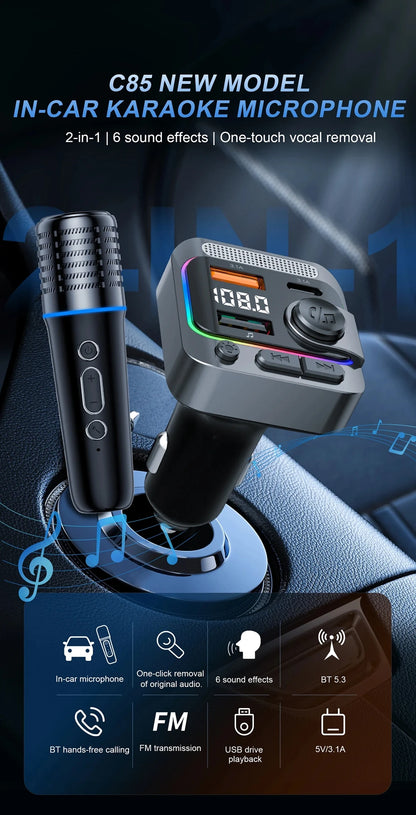 Bluetooth 5.3 Car FM Transmitter with Wireless Microphone MP3 Player Type-C Dual USB Charging Hands-Free Calling TF Card Support