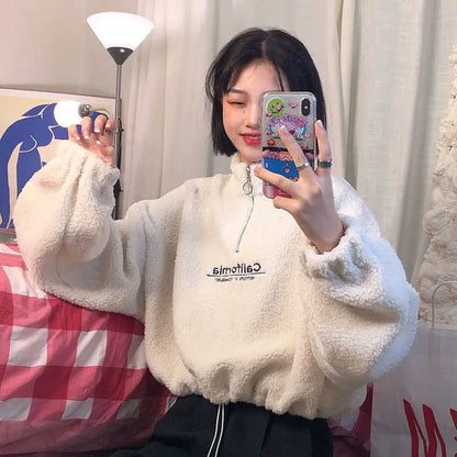 Lamb Velvet Fleece Lined Thickened Short Half High Collar Sweatshirt Women's Loose Korean Style Autumn Winter Zipper Top Tren...