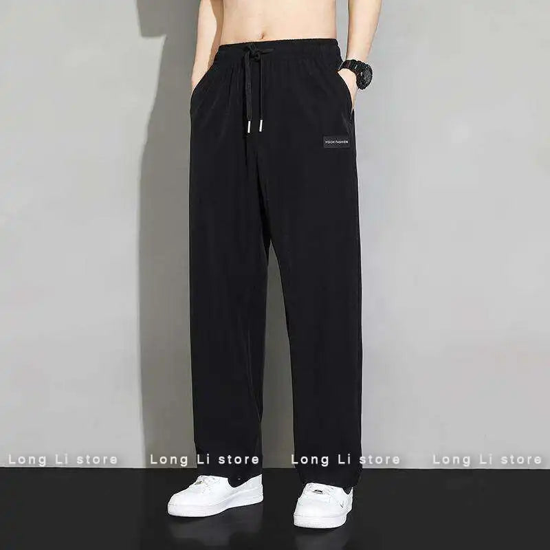 Summer Men's Casual Loose Straight Leg Sport Pants Thin Ice Silk Resistant Stain Versatile Wide Leg Pants Draping Effect