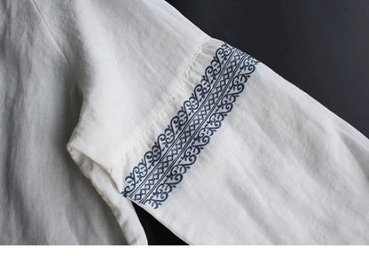 Retro Embroidered Cotton Linen Long Sleeve Women's Shirt Thin Top Large Size Cotton Linen Long Sleeve T-Shirt Commute Wear
