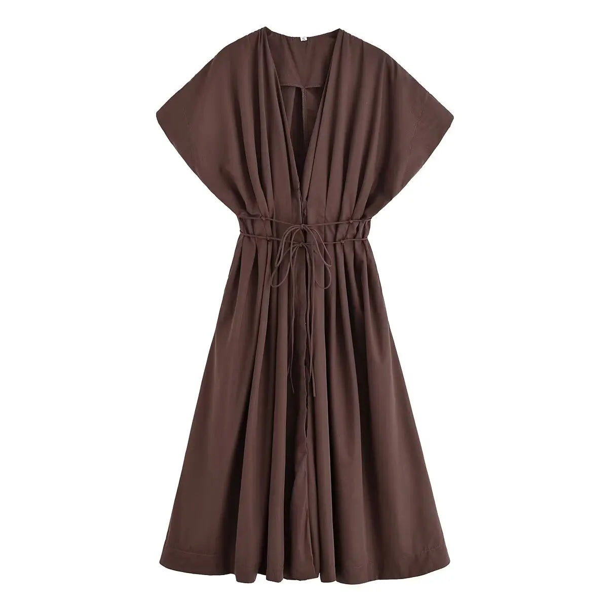 HH Women's Summer Fashion V-neck Lace-up Midi Short Sleeve Dress Female Elegant Backless Pleated Sexy Waist Long Dress