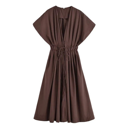 HH Women's Summer Fashion V-neck Lace-up Midi Short Sleeve Dress Female Elegant Backless Pleated Sexy Waist Long Dress
