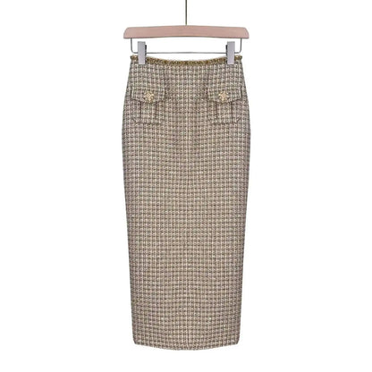 Autumn Winter Small Fragrant Style Gold Plaid Coarse Knitted Two Piece Set Women Suit Coat Tweed Jackets Midi Long Skirts Sets