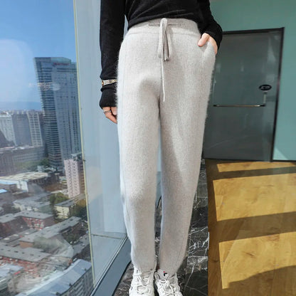 100% mink wool knitted high-waisted pencil pants women's casual autumn and winter new warm solid color thick cashmere pants