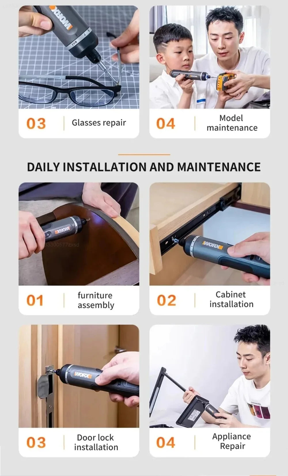 Worx 30 Bit Sets Power Tools WX242 Electrical Screwdriver Set Smart Cordless Drill Screwdrivers USB Rechargeable Set Home Repair