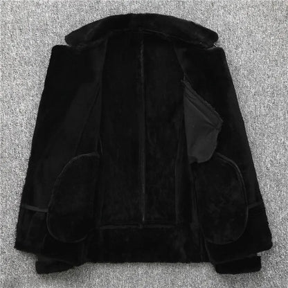 New Fashion Black Shearling Sheepskin Coat Men's Winter Oblique Zipper Biker Genuine Leather Jacket Retro Wool Fur Warm Clothes