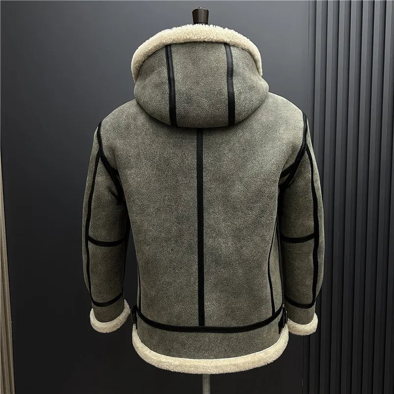 YOLANFAIRY New Natural Fur Coat Man Warm Hooded Winter Real Sheepskin Genuine Leather Jacket Men High Quality Leather Jackets