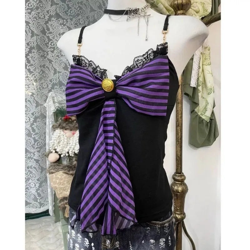 Goth Punk Y2K Clothes 2000s Stripes Lace-up Large Bows Slim Tank Tops Design Tops Streetwear Sexy Camis T-shirts Cute Halter Top