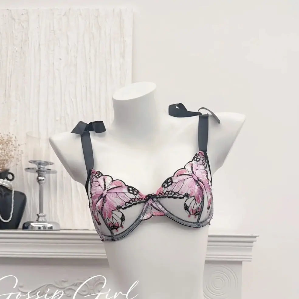 Ultra-Thin Sexy Lace Sheer Lingerie Set For Women French Butterfly Embroidery Push Up Bra Soft Underwire Support Date Night Wear