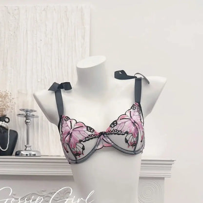 Ultra-Thin Sexy Lace Sheer Lingerie Set For Women French Butterfly Embroidery Push Up Bra Soft Underwire Support Date Night Wear