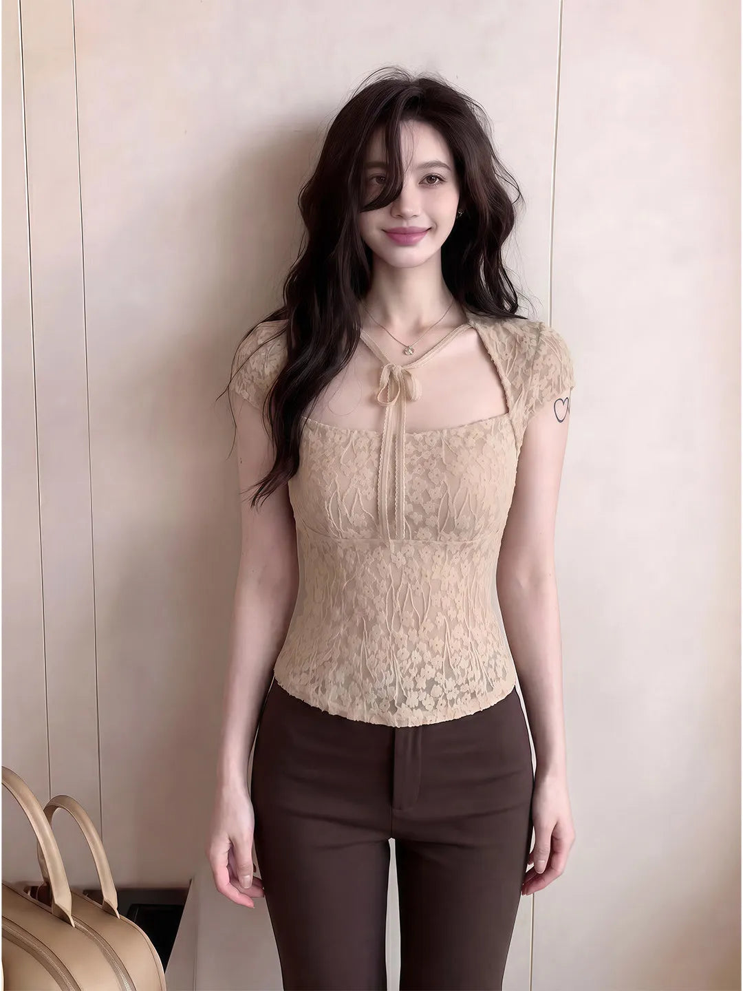 Pure Desire Lace Short Sleeve T-Shirt Women Summer Slim Fit Square Collar Knot Shoulder Top Trendy Spicy Girl Breathable