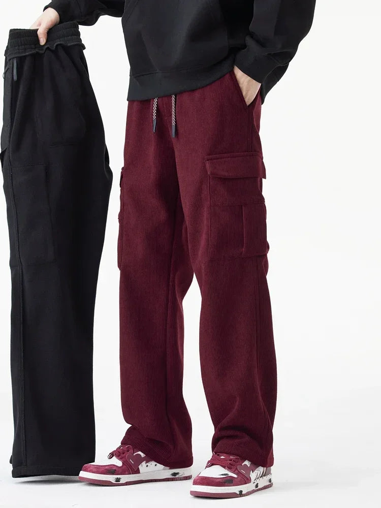 Winter Woolen Cargo Pants Thickened Men Casual Pants Solid Trousers Straight Leg Outdoors Streetwear Comfortable Fabric Unisex