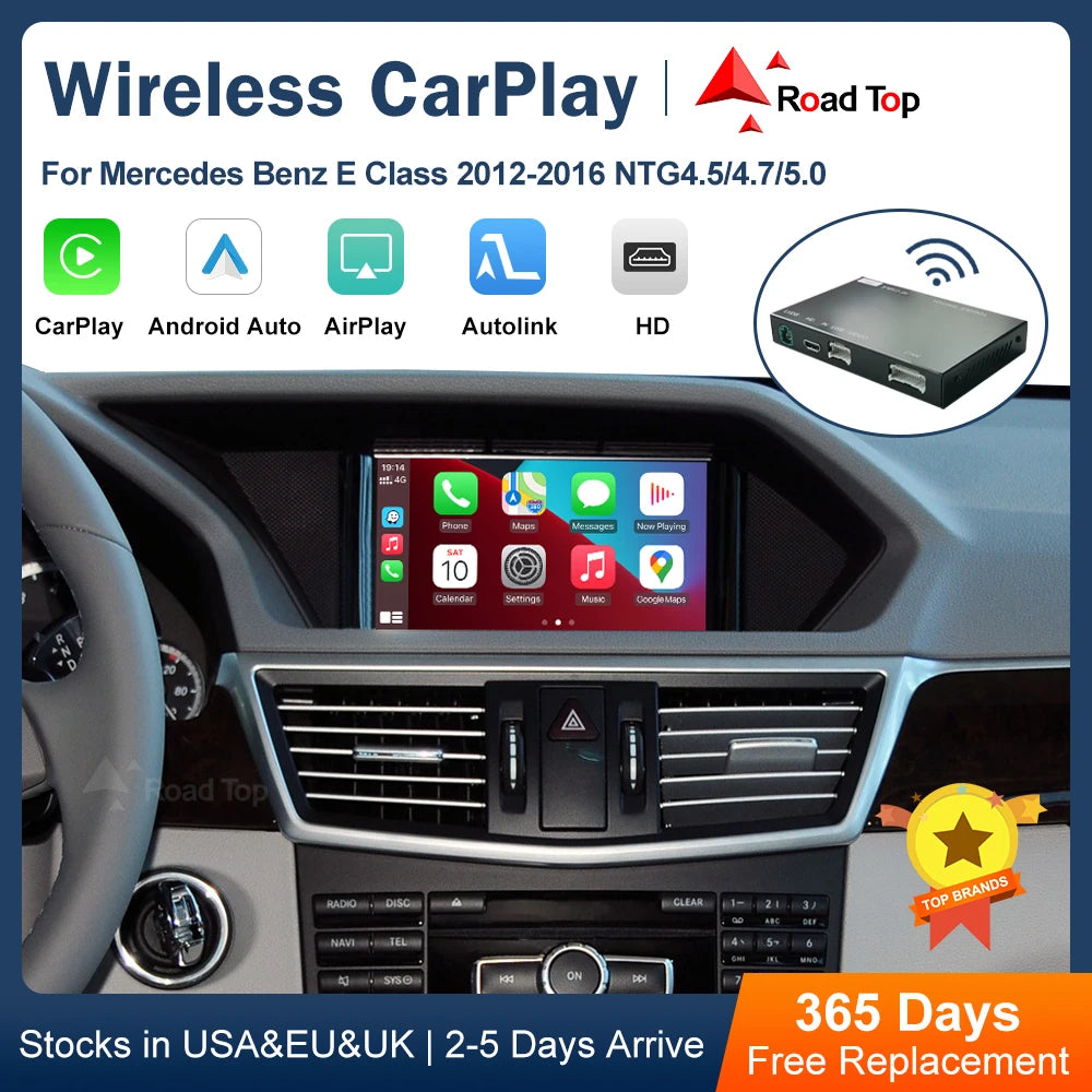 Road Top Wireless CarPlay for Mercedes Benz E-Class W212 E Coupe C207 NTG4.5/4.7/5.0 2011-2015 with Airplay Android Auto
