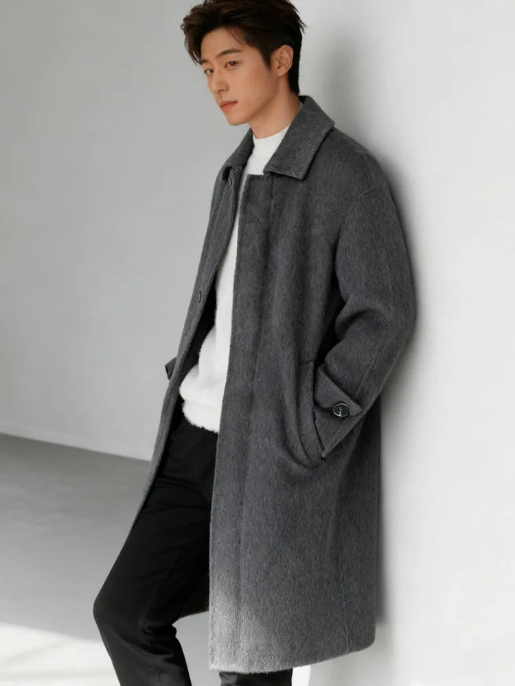 High Quality Men Double Face Wool Coat Business Casual Work Autumn Winter Warm Real Sheep Fur Long Coats Windbreaker Trench Grey