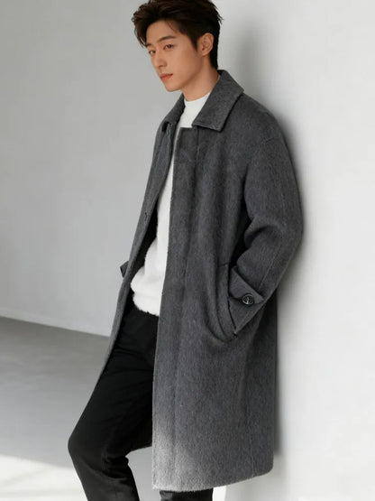 High Quality Men Double Face Wool Coat Business Casual Work Autumn Winter Warm Real Sheep Fur Long Coats Windbreaker Trench Grey