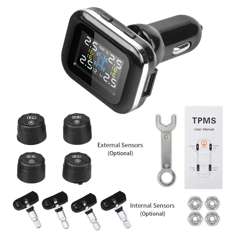 TY09 Smart Cigarette Lighter USB TPMS Car Tire Pressure Alarm Monitor System 4 Sensors Display Tyre Pressure Temperature Alarm