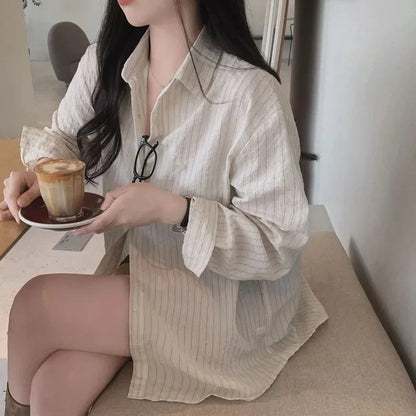 Early Autumn Versatile Loose Striped Long Sleeve Shirt Top Women's Fashion Comfortable Fit Striped Patterned Casual Shirt