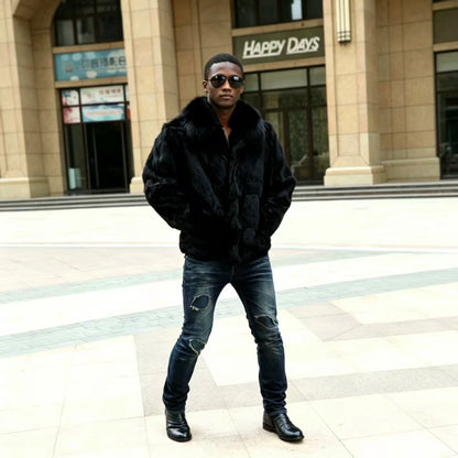 Man Hooded Black Rabbit Real Fur Overcoat Real Leather Collar Slim Zipper Coat Multi Size Warm Winter Luxury Daily Outerwear