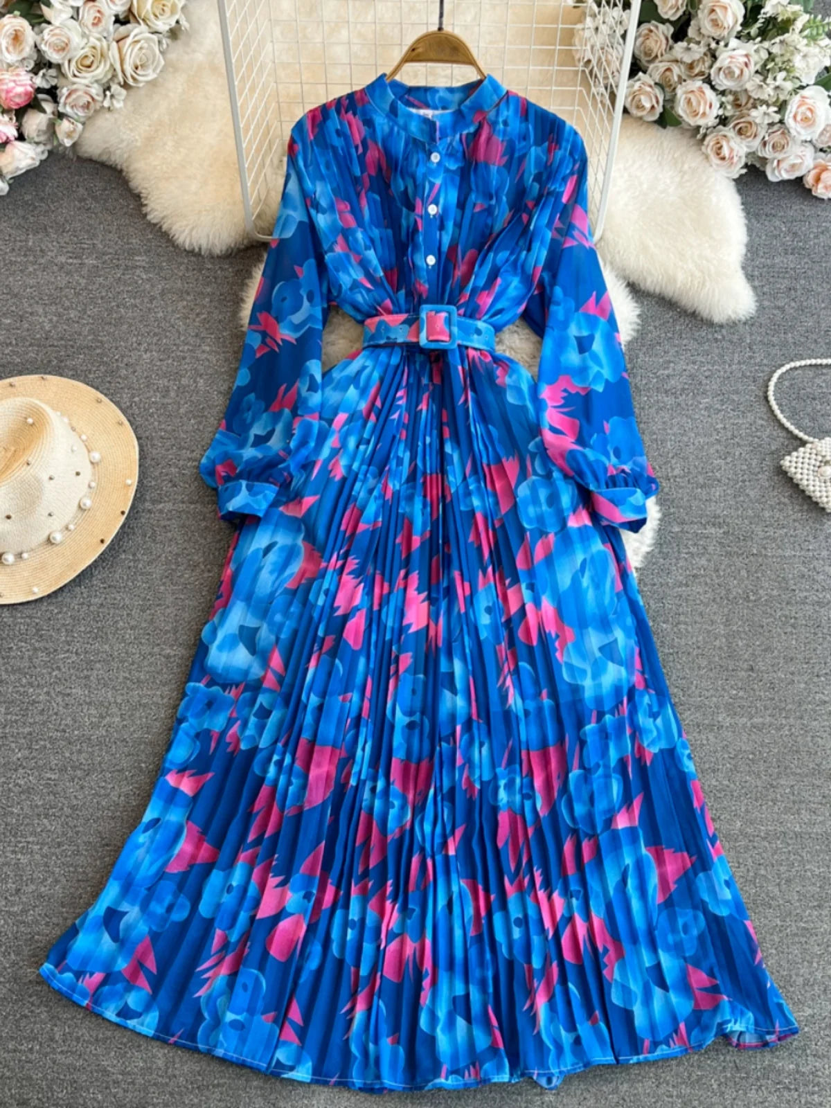 Ele Vintage Long Sve A-Line Printed Gown with Pleated Skirt And Slimming Waist Design for Young Women Korean Sle Com...