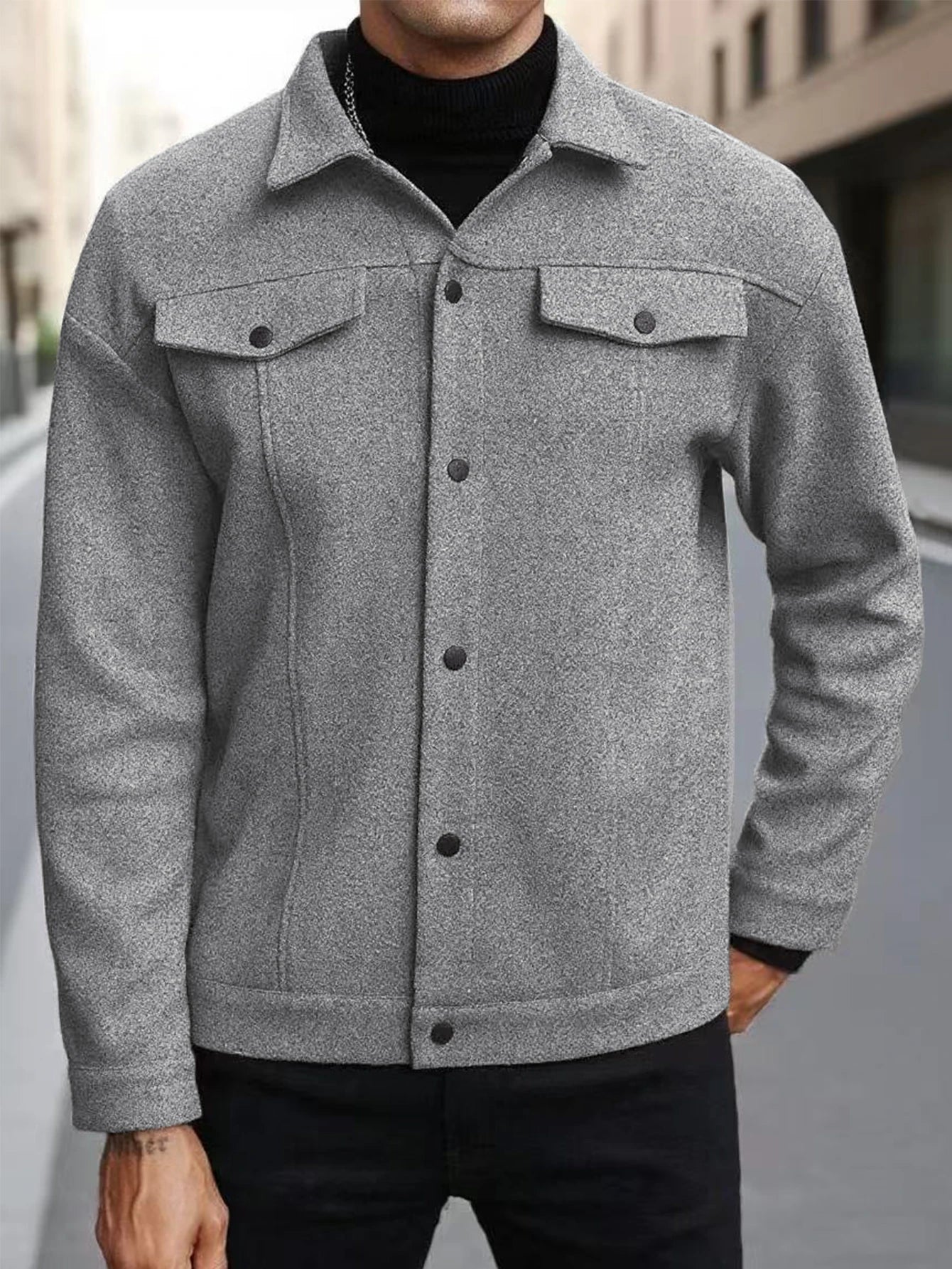 Autumn New Men's Woolen Jacket Solid Color Jacket Coat Collar Button Front Flip Pocket Coat