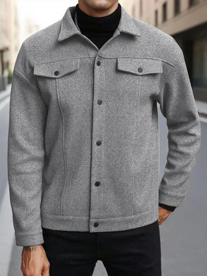 Autumn New Men's Woolen Jacket Solid Color Jacket Coat Collar Button Front Flip Pocket Coat