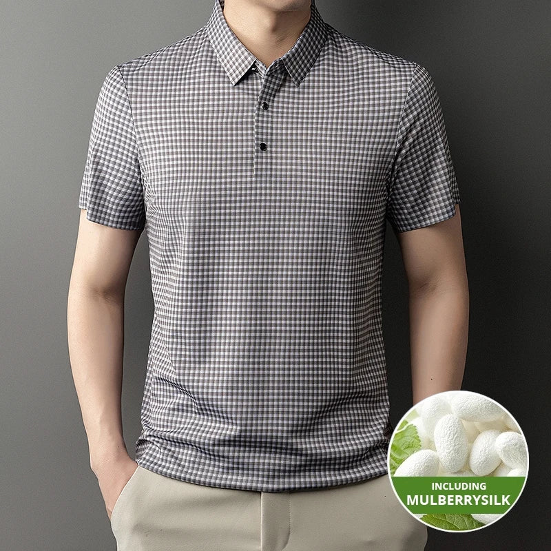 2025 Top Grade Mulberry Silk Anti-wrinkle New Summer Brand Polo Shirt Short Sleeve Casual Tops Fashions Checkered Mens Clothes