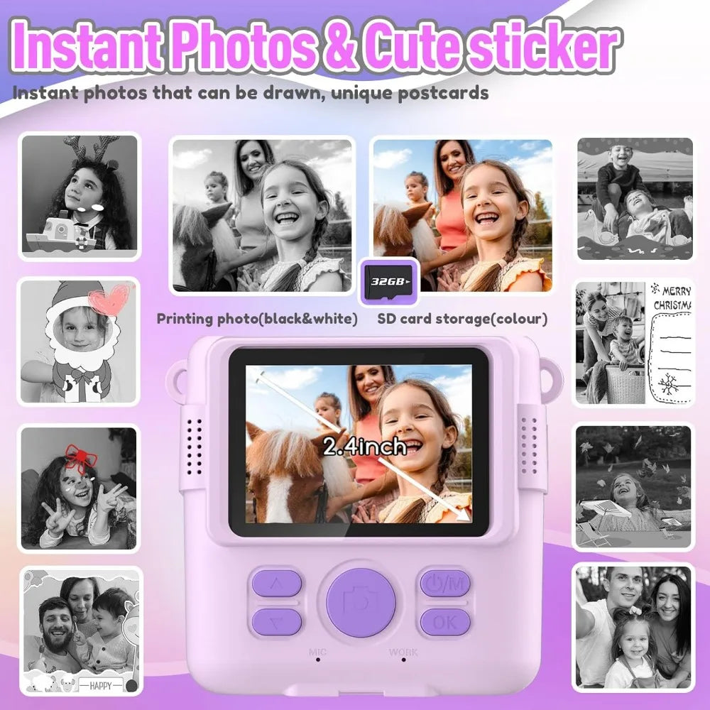 Instant Print Camera for Kids, HD Digital Video Cameras, Portable Toy for 4-10 Year Old Girls Boys with 32GB SD Card-Purple