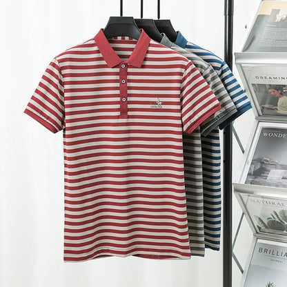 Spring New Men's Collar Polo Shirt Striped Cool Breathable T-shirt Base Shirt