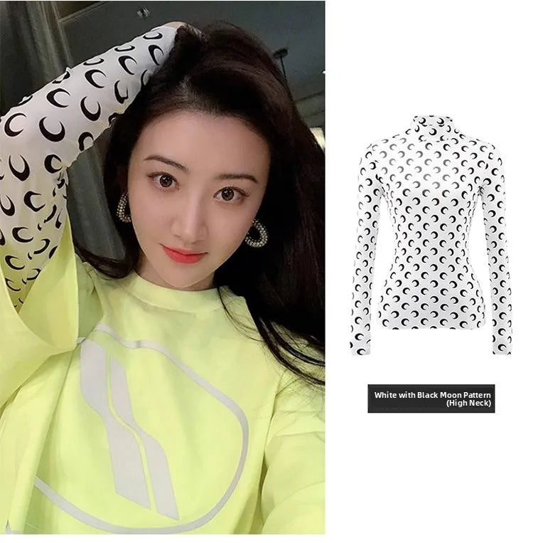 Sweet Two Piece Set Women American Retro Layered Outfit Long Sleeve Moon Print Top Ice Silk Pants Sexy Casual Autumn Fashion