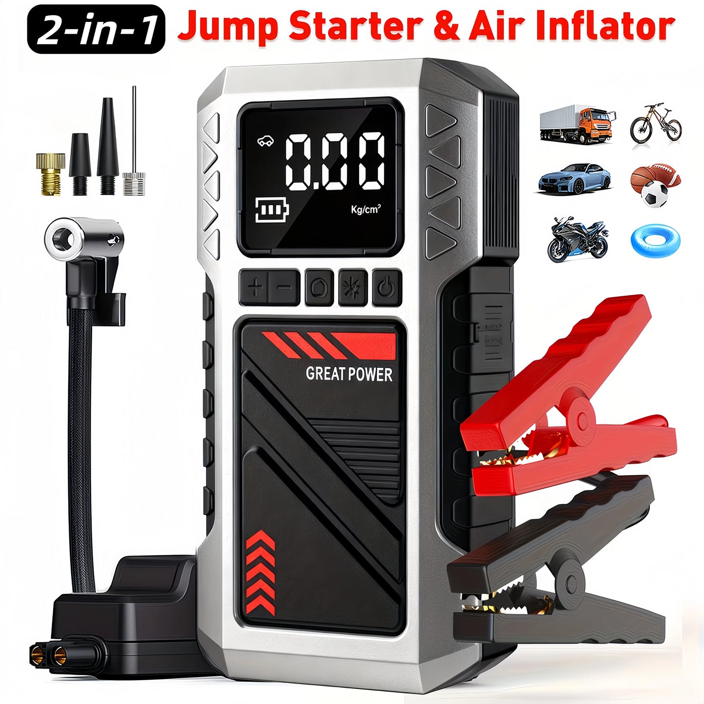 2-in-1 Car Battery Repair Kit (including 8000 ampere battery booster starter and 180 pound-force/square-inch air compressor)