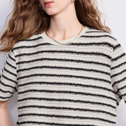TOYOUTH Women T-shirt 2026 Summer New Striped Round Neck Combined Fashionable Heavy-duty Top