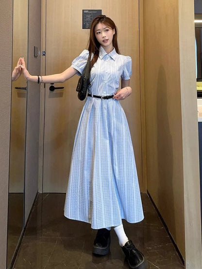 Gentle Wind Beautiful Blue Shirt Dress Women's Summer High-End Waist-Cinching Student Long Skirt Elegant Short Sleeve Knitted...