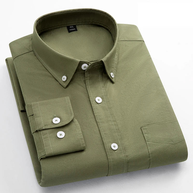 Classic Fit Fashion 100% Cotton Long-Sleeve Shirt for Men Single Pocket Slim Fit Casual Top Soft Oxford Solid Color Office Cloth