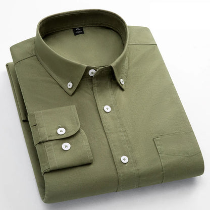 Classic Fit Fashion 100% Cotton Long-Sleeve Shirt for Men Single Pocket Slim Fit Casual Top Soft Oxford Solid Color Office Cloth