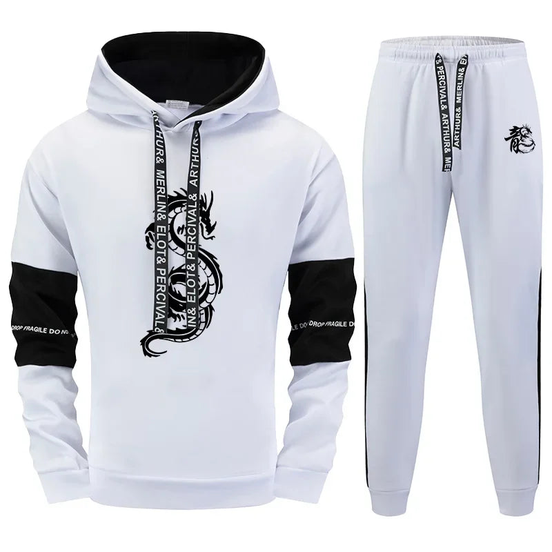 Chinese Dragon Print Men's Tracksuit Hoodies Sweatpants 2 Pcs Set Fashion Streetwear Outfit Fall Winter Casual Sport Jogger Suit